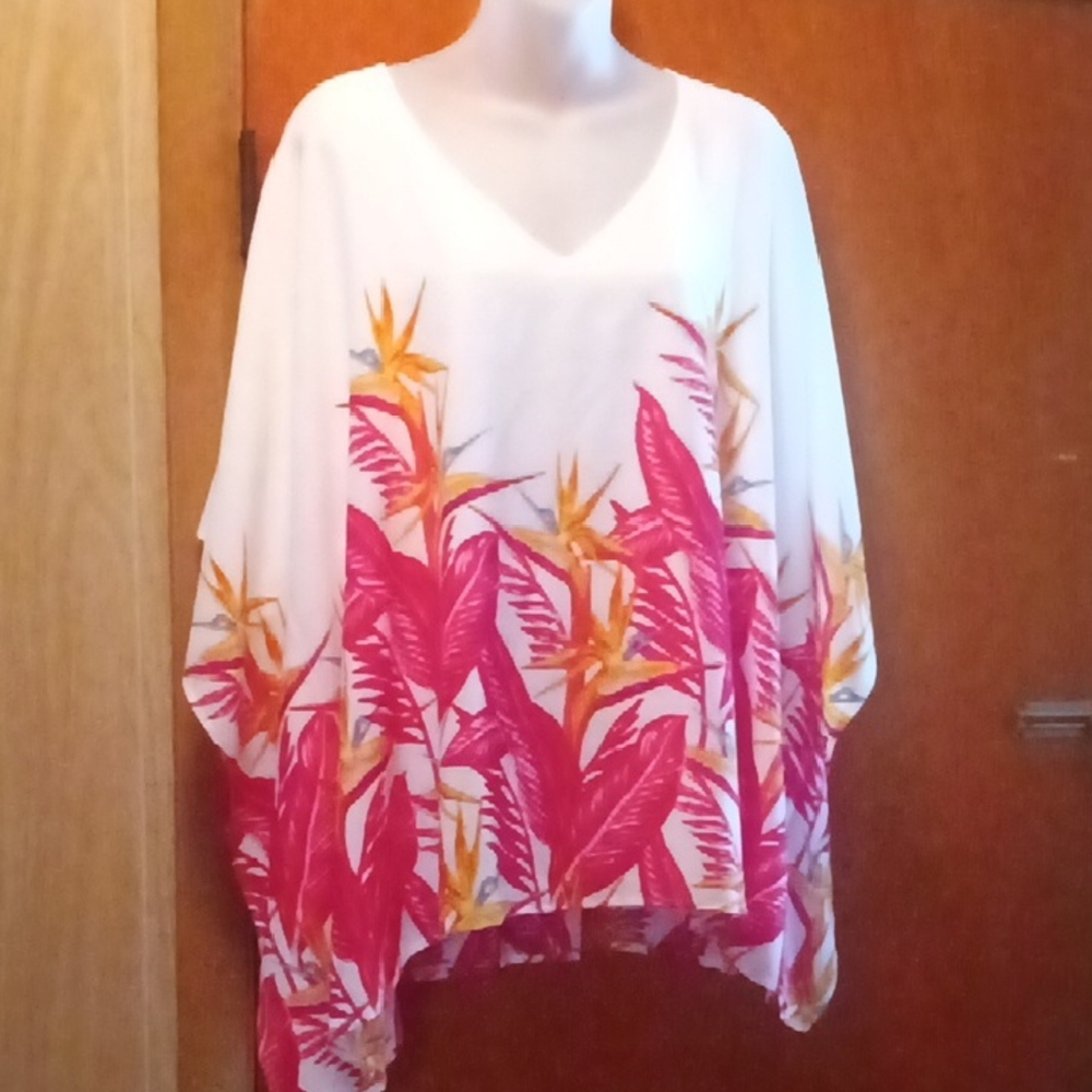 Moss Rose Tropical V-Neck Poncho Top/Cover-up